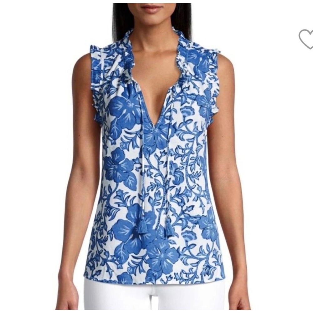 Vineyard Vines Morada Blue Floral Ruffle
Popover Blouse Sleeveless Top Women Sm